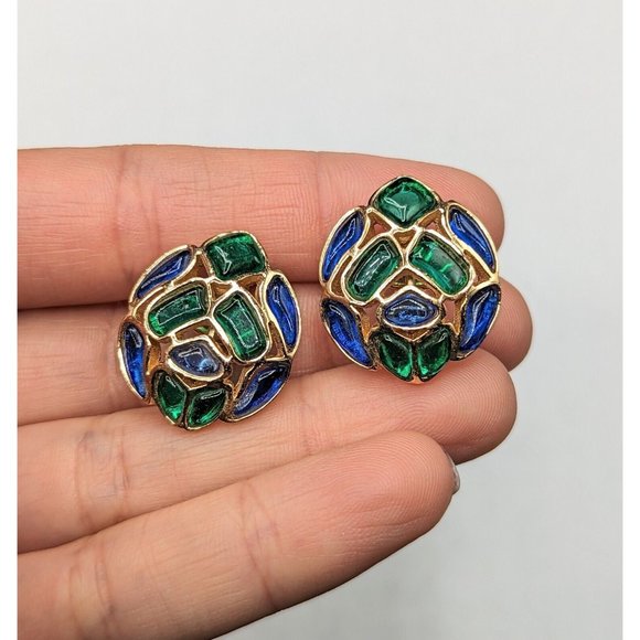 Crown Trifari Modern Mosaics Green Blue Gold Tone Clip On Earrings 1960s - Picture 3 of 8